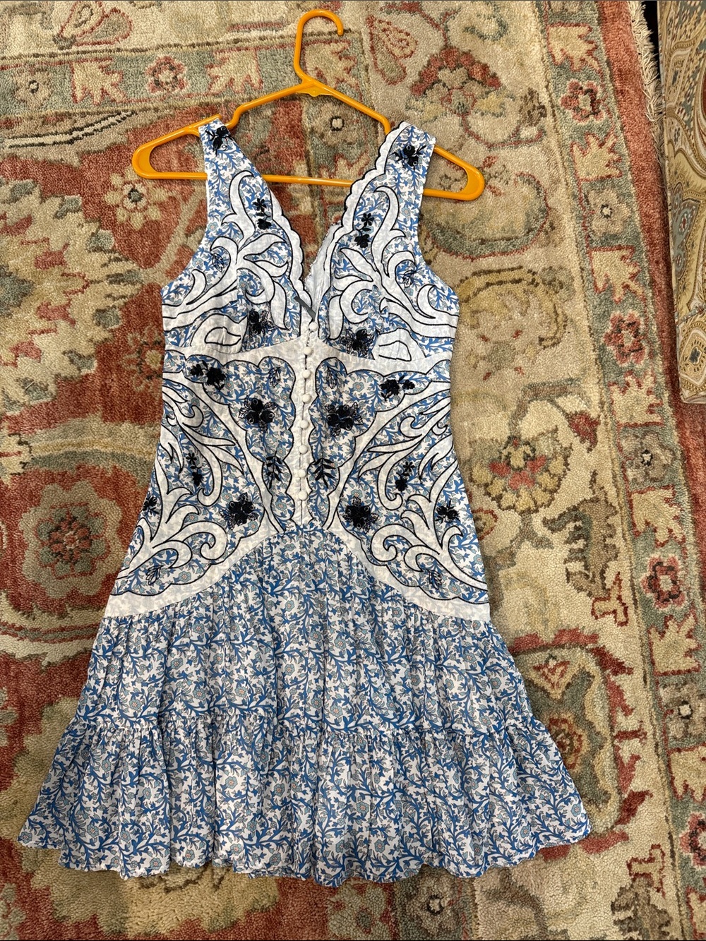 Anthropologie Blue and White Paisley Tiered V-Neck Mini Dress - Picture 1 of 3